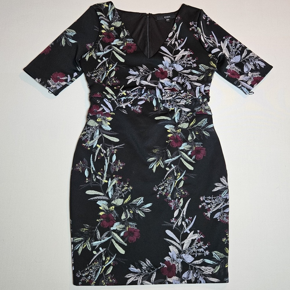GUESS L Floral Bodycon Dress Black Lace Up Waist Stretch Sheath Midi Party